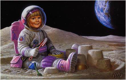 Here in the light side of Michael Whelan, you'll see his daughter Alexa playing in a makeshift sandbox on the moon. Michael cleverly captures the wonder and innocence of childhood in this very personal painting.  http://www.lunartraders.com/catalog/ltn00034.html?dp=mid [Michael Whelan]