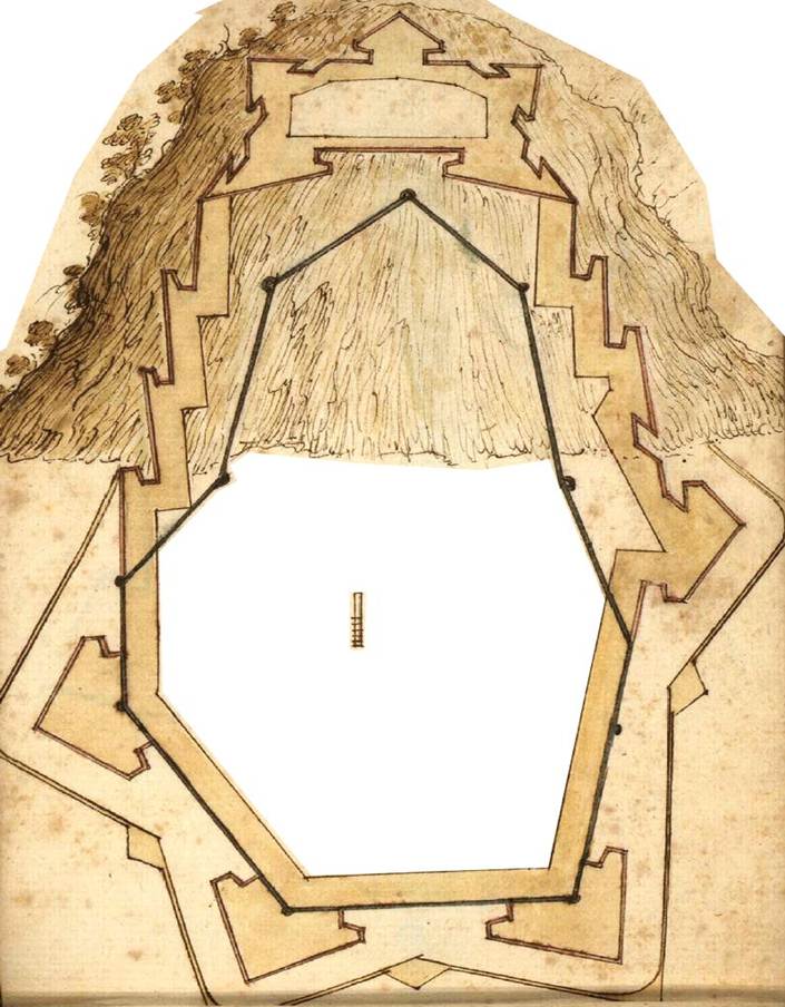 Illustration 11 - Redressement de la forteresse en une forme rectangulaire dans le terrain montagneux [Giulio Parigi]