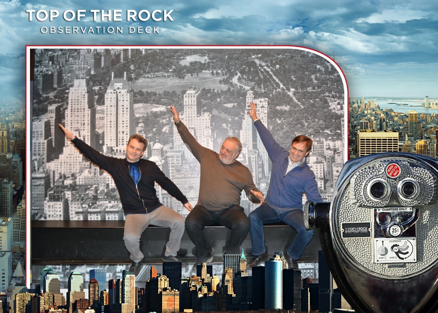 A group of men sitting on a ledge with a cityscape behind themAI-generated content may be incorrect.