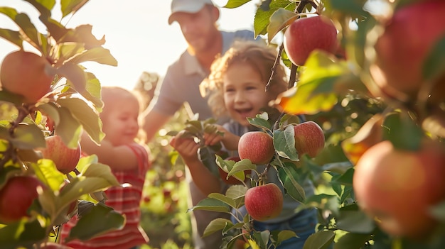 A family is picking apples in an orchard the father is holding a basket and  the children are picking apples from the trees | Premium AI-generated image